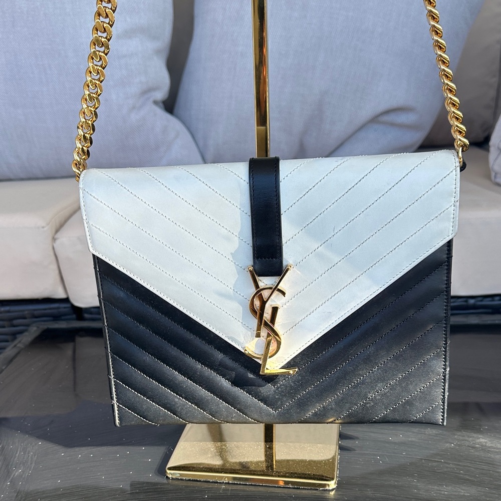 Yves Saint Laurent Black and White 2-way chain envelope purse